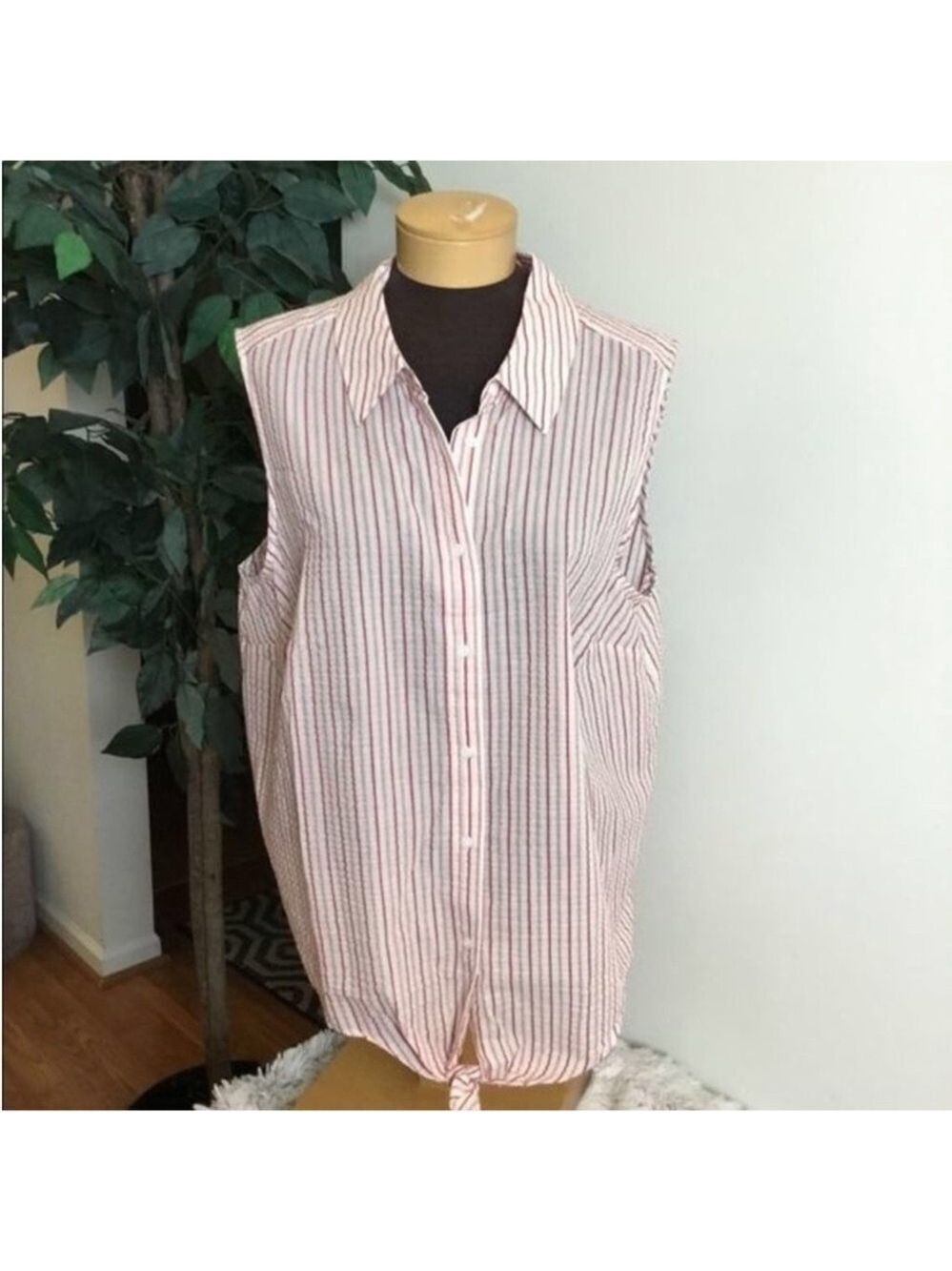 POPSUGAR Red White Striped Sleeveless Tie Front Button Down Top 1X NWT